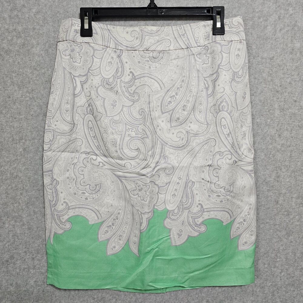 Banana Republic Pencil Skirt Size 8 Paisley White Silver Green Womens Below Knee
